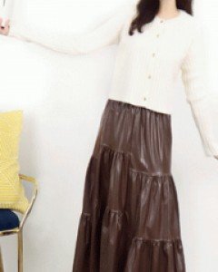 패보릿걸 브라운 언밸런스 티어드 밴딩롱 가죽 스커트