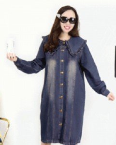 마이 레이디 미디 프릴 플랫카라 박시한 세로 절개데님 원피스