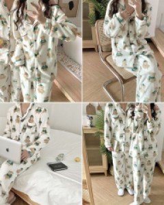 V그린 베어 수면 커플 잠옷 세트_252508