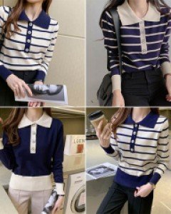 W포버튼카라넥 립 배색 니트_259469