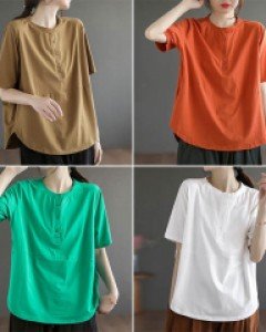 H2단추헨리넥 절개 반팔 티셔츠_260464