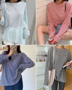 C6시스루쿨 스트라이프 루즈핏 티셔츠_261017