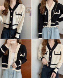 H2코코진주 배색 와플 가디건_261482