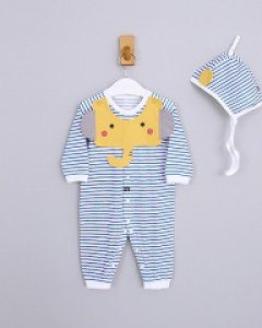 큐비앤맘 엘리펀 아기 유아 봄 가을 얇은 긴팔 우주복+모자+턱받이 세트 / 사이즈 80호(6-12개월)