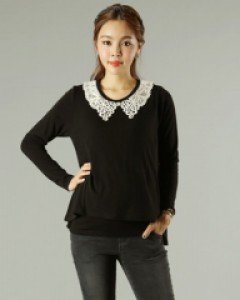 쁘띠마리에 네크 레이스 봄 가을 출산전후 겸용 임산부 긴팔 이중 수유티 / 색상 블랙