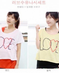 러브 수유나시+반팔티셔츠 세트(가로 지퍼형 수유나시 + 반팔 티셔츠 / 색상 옐로우+블랙) 출산전후 겸용 봄 여름 가을 임산부용