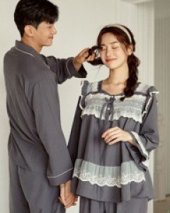 커플잠옷}커플 산드라 샌드워싱 폴리 상하(긴소매스퀘어넥)