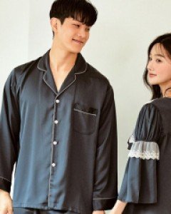 커플잠옷}커플 레이디그레이 샤틴 원피스(긴소매브이넥)