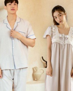 커플잠옷}커플 리메인 샌드워싱 원피스(반소매스퀘어넥)