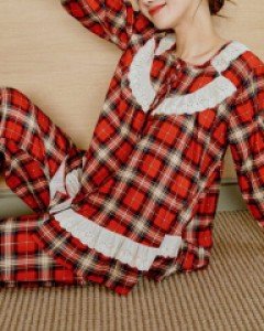 여성잠옷}여성 코니체크 레이온코튼 상하(2C긴소매라운드넥)