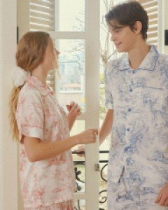 커플잠옷} 커플 트왈드 무광샤틴 반소매 카라 잠옷