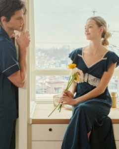 커플잠옷} 커플 그리너리 샤틴 캡소매 롱 원피스 잠옷