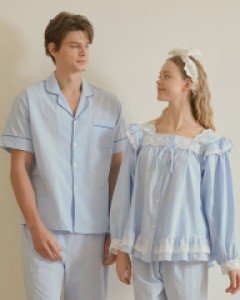 커플잠옷} 커플 머스크 고밀도코튼 스퀘어넥 긴소매 투피스 잠옷