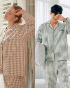 커플잠옷} 커플 베이직체크 워싱선염코튼 긴소매 투피스 잠옷