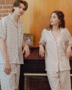 커플잠옷} 커플 로제플라워 코튼 반소매 카라 잠옷