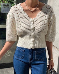 [재고한정50%할인]블루밍 싸개버튼 손뜨개 퍼프 니트가디건