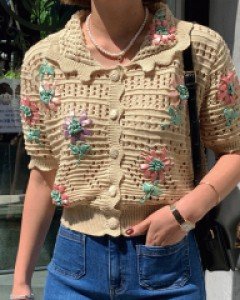 싸개버튼 뜨개짜임 플라워장식 카라넥 가디건