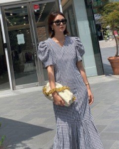 [재고한정50%할인]고방체크 핀턱 퍼프소매 지지미 롱 원피스