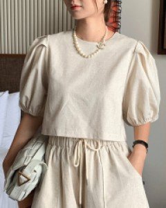 [재고한정50%할인]린넨 퍼프소매 크롭블라우스 + 팬츠 세트