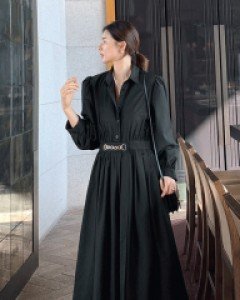 [재고한정40%할인]금장버클 퍼프소매 셔링 랩 롱 원피스