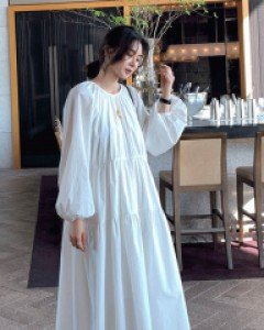 [니쁜스단독제작40%할인][하이퀄리티] 미우 셔링 퍼프소매 롱 원피스