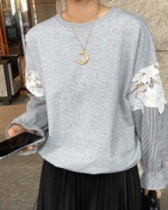 [재고한정50%할인]자수아이렛 배색 스트라이프소매 레이어드 맨투맨