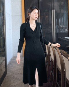 [니쁜스단독30%할인][하이퀄리티]골지 트위스트 홀터넥 니트 원피스