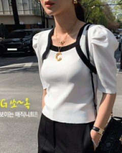 [재고한정50%할인][강력추천] 배색 절개 퍼프 반소매니트
