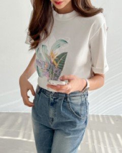 트로피칼 자수 라운드넥 티셔츠 #110550