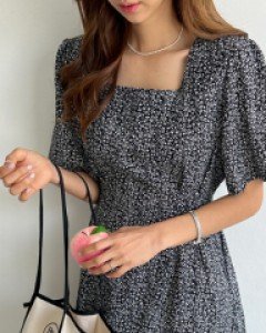 스퀘어넥 잔패턴 롱원피스 #38542