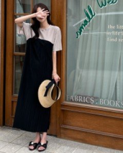 플리츠 배색 롱 원피스 #38561