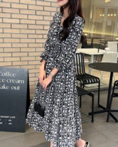 스모크 나염 브이넥 롱 원피스 #38603