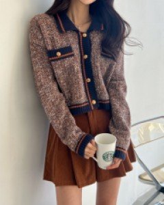 자체제작/ 카라넥 배색라인 크롭가디건 #22403
