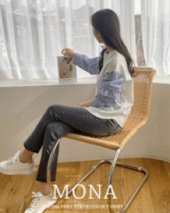 L22CS-TK1683/모나 프릴 스트라이프 배색 티셔츠