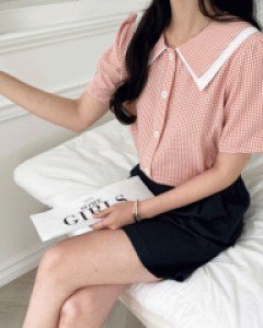 L23CM-MK3895/실비아 체크 퍼프 블라우스
