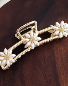 H-1100 직사각 진주꽃 올림머리 메탈 집게핀 / 헤어핀