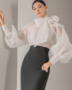 B9115 캐머 오간자 시스루 넥 스카프 블라우스