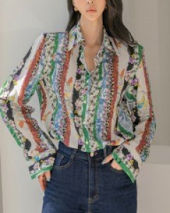 B2758 줄렐 프린팅 믹스 패드 블라우스