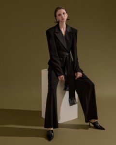 JS9016 가가 새틴 배색 와이드 롱 점프수트(벨트SET)