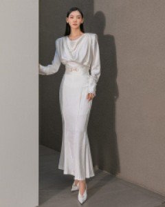 SK2390 오엔 새틴 밴딩 머메이드 롱 스커트(벨트SET)