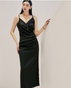 D4593 르파 새틴 셔링 슬리브리스 롱 원피스