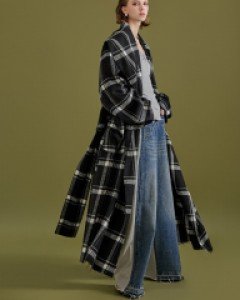 J9141 폴 울 타탄 체크 와이드 숄 패드 롱 코트(벨트SET)
