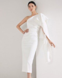 D9408 니몬 원숄더 셔링 드레이프 미디 원피스