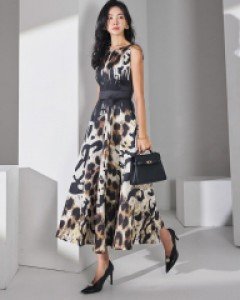 D9409 헨 미카도 레오파드 프린팅 플레어 롱 원피스