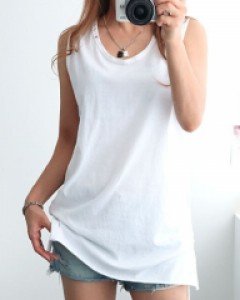 여성 스티치 워싱 빅사이즈 흰색 레이어드 롱 나시 티