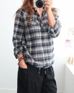 여성 우디 체크 가을 면 반오픈 남방 셔츠 블라우스
