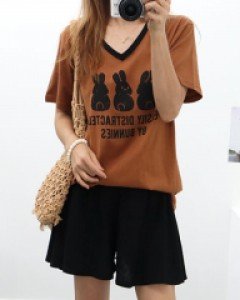 여성 세마리 브이넥 반팔 티 여름 면티 루즈핏 프린팅 티셔츠