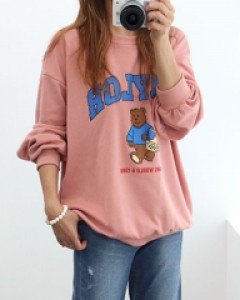 여성 베일러 가을 프린팅 긴팔 빅사이즈 면 라운드 핑크색 루즈핏 맨투맨 티 티셔츠