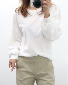 여성 퍼프 소매 긴팔 라운드 가을 흰색 스판 무지 티 티셔츠