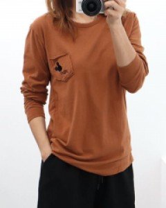 여성 쏘쏘포켓 워싱 라운드 긴팔 면 무지 얇은 이너 가을 티 티셔츠